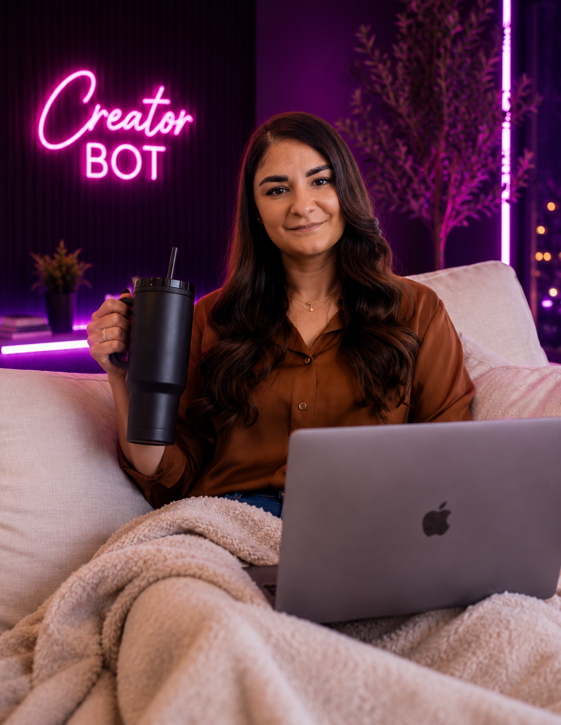 Stylised AI portrait of Elica on the couch with Creator Bot neon sign